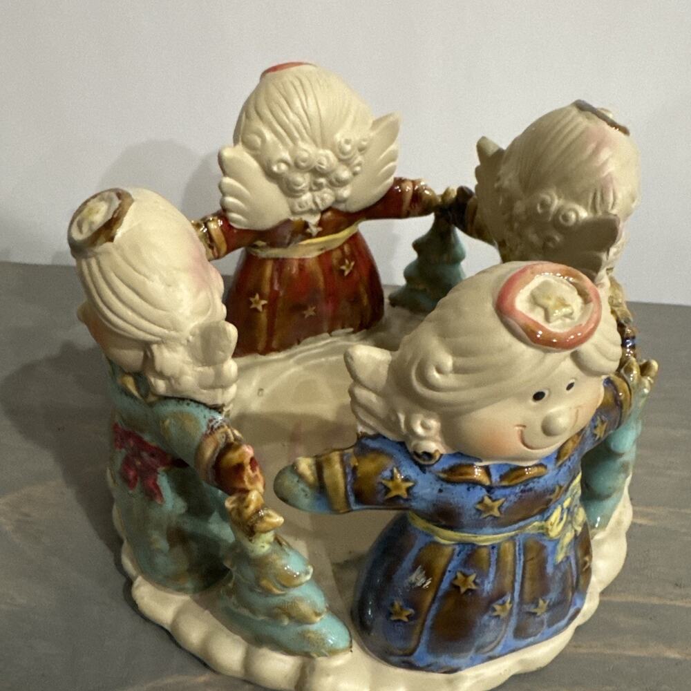 Heaven Sent Angel Pillar Candle Ring Ceramic Christmas Winter 4" tall Christmas